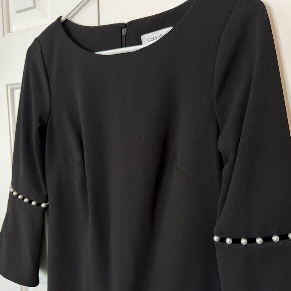 Calvin Klein Little Black Sheath Dress | NWT Size 2 | Bell Sleeve Pearl Detail - Picture 13 of 13